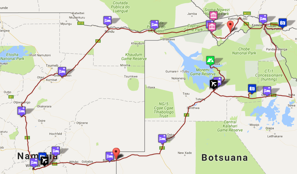 Reiseroute Namibia-Botswana 2016